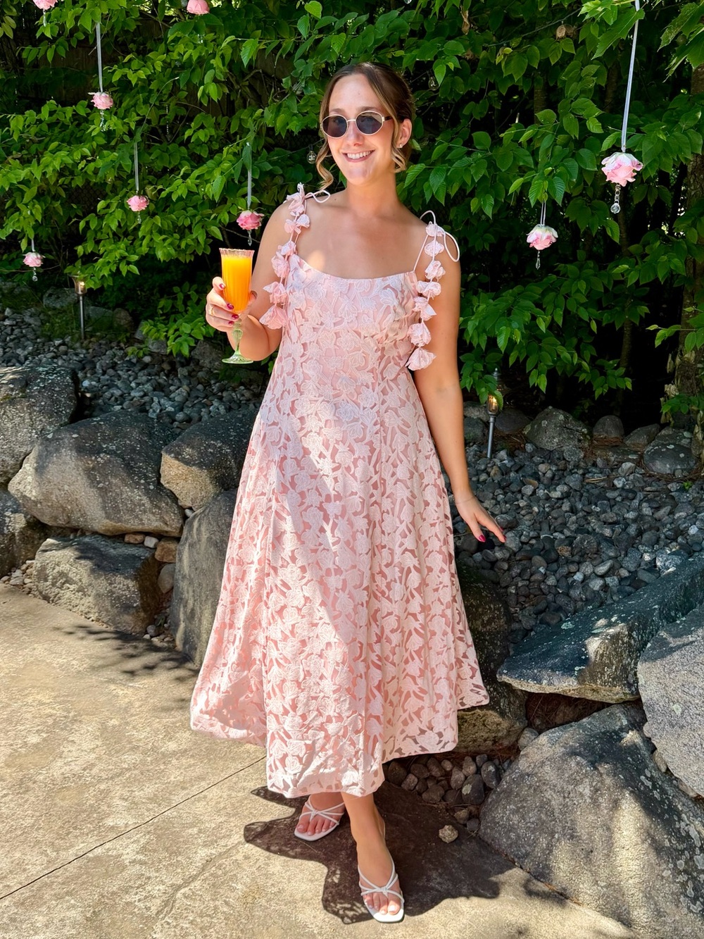 Mac Duggal Floral Lace A-Line Midi Dress with Tassel Tie Strap Blush Pink